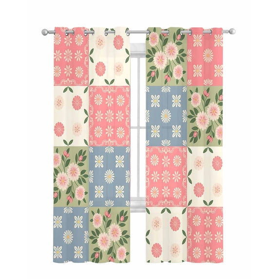 Japanese Style Sheer Curtains 84 Inch Length 2 Panels Set for Living Room/Bedroom, Colorful Patchwork Flowers Leaves Plaid Kitchen Curtains Grommet Semi-Sheer Curtains Window Treatments 42"x84"x2