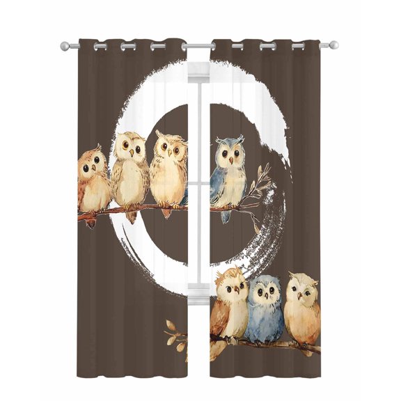 Japanese Style Sheer Curtains 84 Inch Length 2 Panels Set for Living Room/Bedroom, Dark Brown Rustic Owl Birds Tree Branches Kitchen Curtains Grommet Semi-Sheer Curtains Window Treatments 52"x84"x2