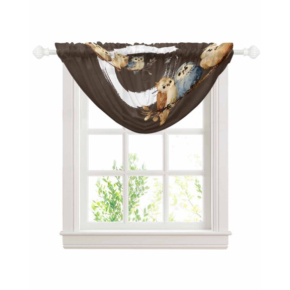 Japanese Style Sheer Waterfall Valance Curtains for Window, Dark Brown Rustic Owl Birds Tree Branches Rod Pocket Sheer Topper Swag Curtains for Living Room, Kitchen 38.5"W x 47.2"L, 1 Panel