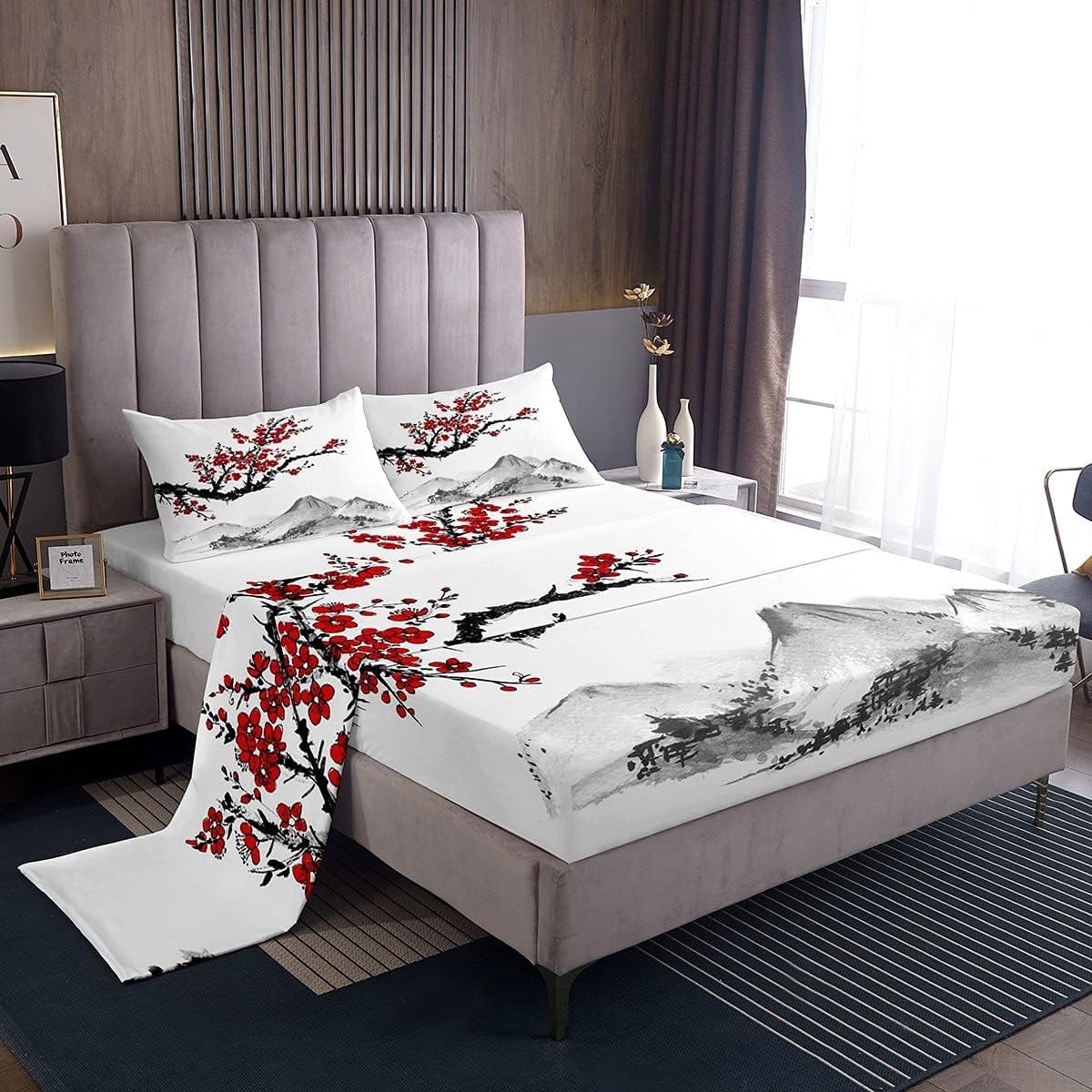 Japanese-Style Sheet Sets, Red Cherry Blossoms Printed Flat Sheet Mount ...