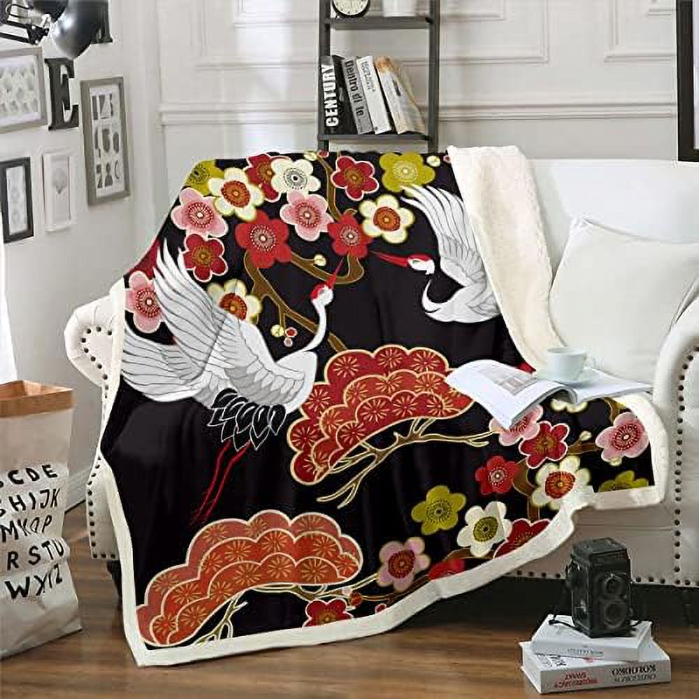 Japanese Style Sherpa Blanket Pink Cherry Blossom Blanket Ocean Wave