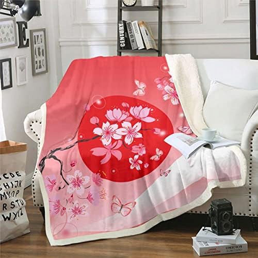 Japanese Style Sherpa Blanket Pink Cherry Blossom Blanket Ocean Wave