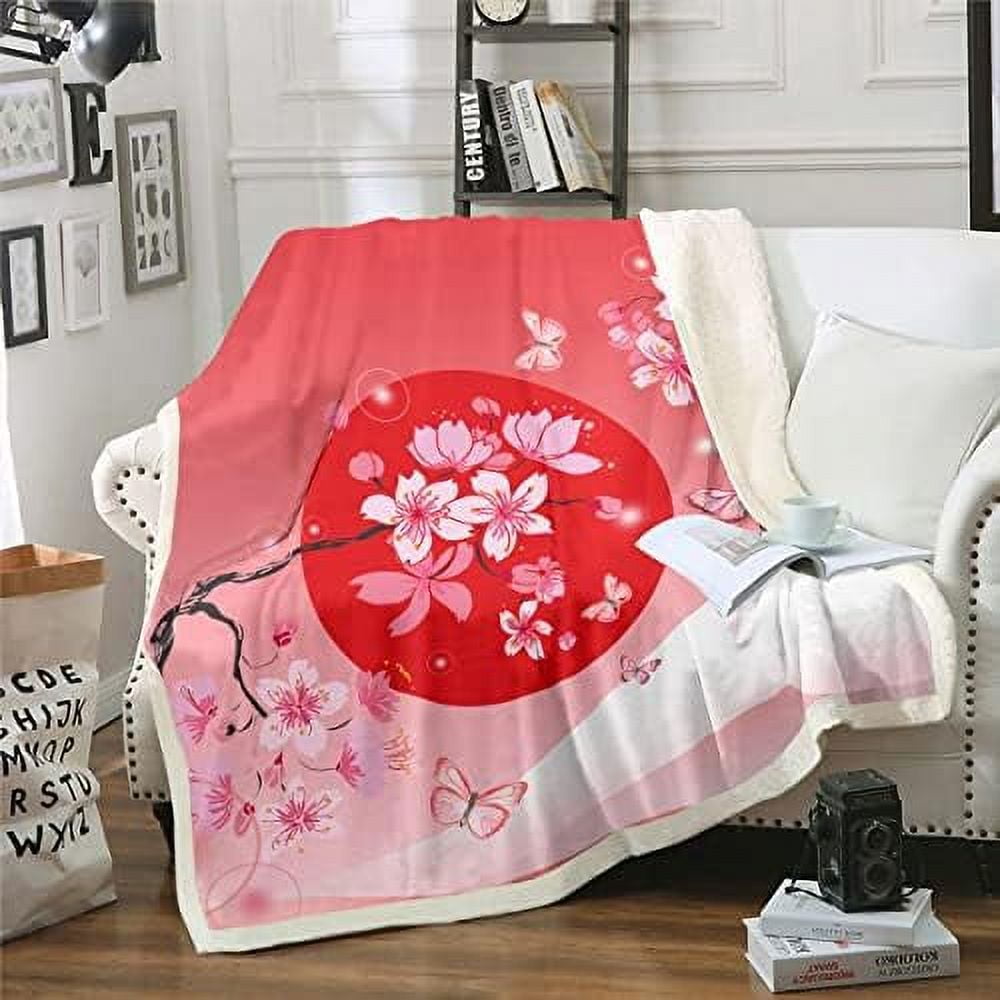 Japanese Style Sherpa Blanket Pink Cherry Blossom Blanket Ocean Wave Throw Blanket for Bed Chair Throw Size Fuji Mountain Fleece Blanket Japanese Ukiyoe Theme Fuzzy Blanket Soft Cozy Walmart