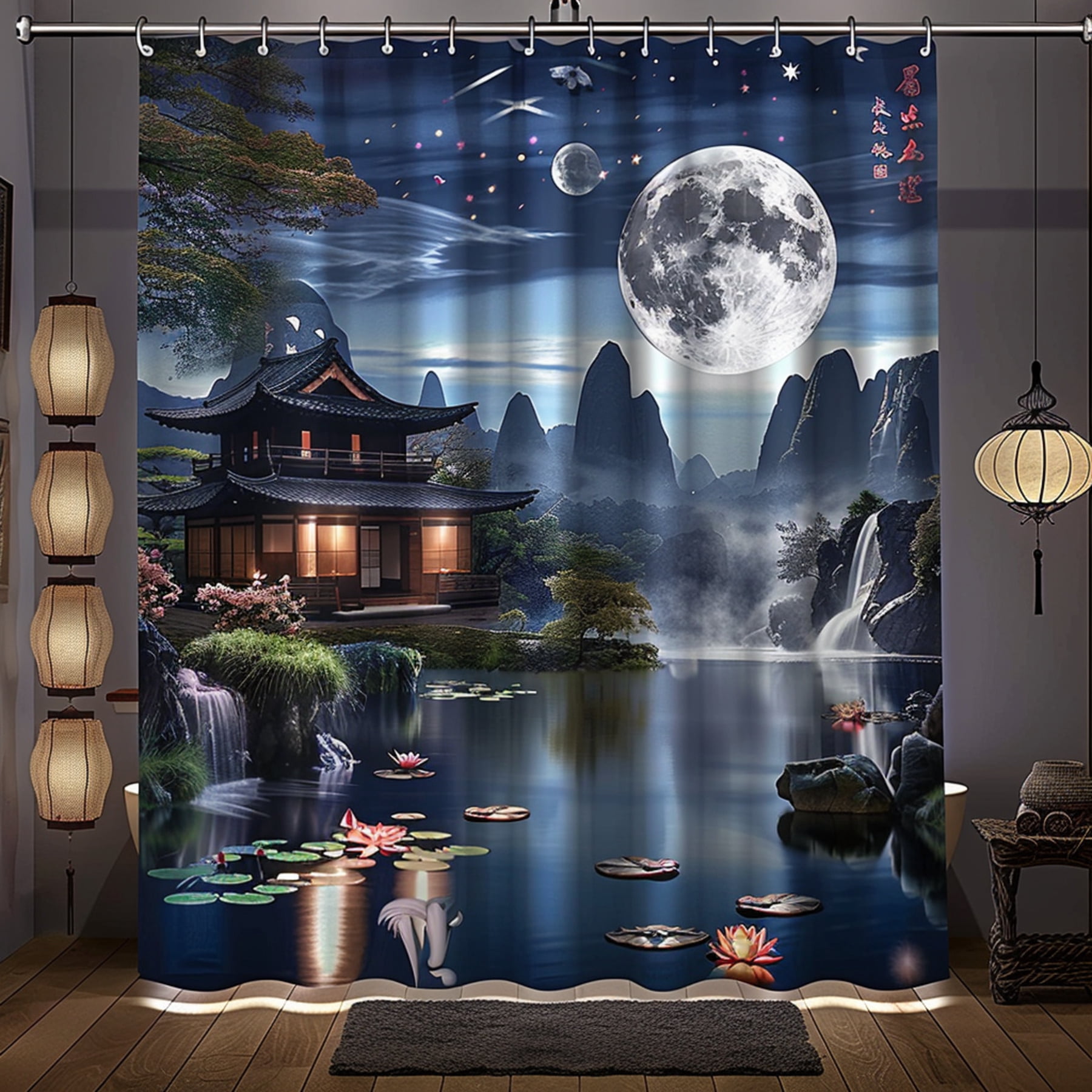 Japanese Style Shower Curtain Full Moon Night Scene with Temple & Lotus ...