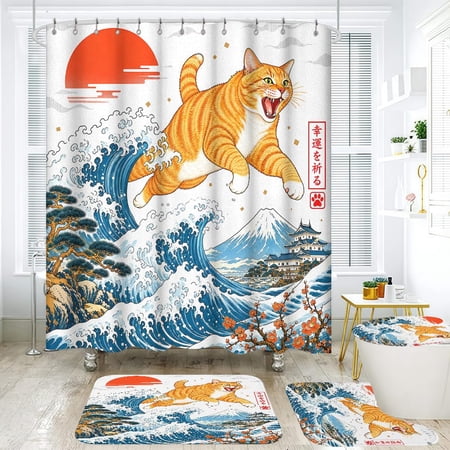 Japanese Style Shower Curtain Set with Orange Cat Wave and Mt Fuji Design, Waterproof Polyester Bath Mat Toilet Lid Cover Upside Down Cat Bathroom Decor Gift