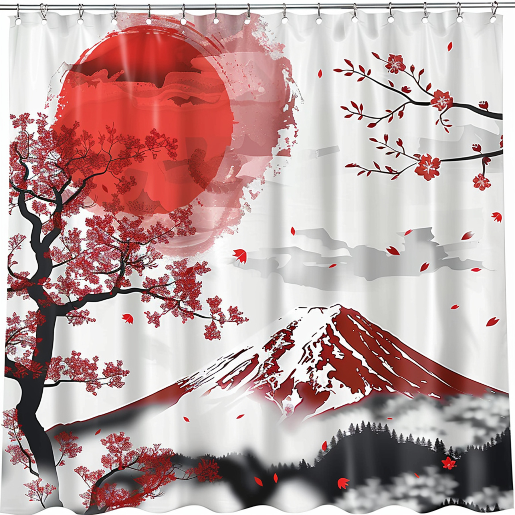 Japanese Style Shower Curtain Shiny Red Sun Over Mount Fuji with Cherry ...