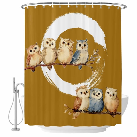 Japanese Style Shower Curtain, Waterproof Shower Curtains for Bathroom, Brown Country Vintage Owl Birds Branches Washable Fabric Bathtub Curtain Set Bath Decor with 12 Hooks Standard 72"x72"