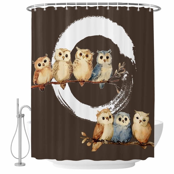 Japanese Style Shower Curtain, Waterproof Shower Curtains for Bathroom, Dark Brown Rustic Owl Birds Tree Branches Washable Fabric Bathtub Curtain Set Bath Decor with 12 Hooks Standard 72"x72"