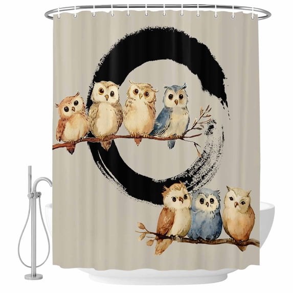 Japanese Style Shower Curtain, Waterproof Shower Curtains for Bathroom, Grey Farmhouse Owl Birds Branches Washable Fabric Bathtub Curtain Set Bath Decor with 12 Hooks 48"x72"