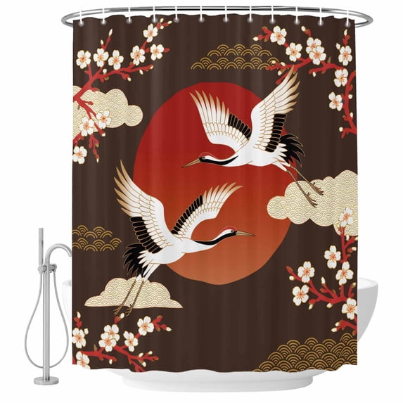 Japanese Style Shower Curtain, Waterproof Shower Curtains for Bathroom, Modern Cranes Cherry Flower Wave Brown Washable Fabric Bathtub Curtain Set Bath Decor with 12 Hooks Standard 72"x72"