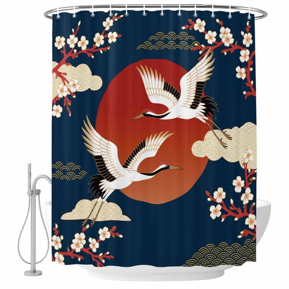 Japanese Style Shower Curtain, Waterproof Shower Curtains for Bathroom, Modern Cranes Cherry Flower Wave Navy Blue Washable Fabric Bathtub Curtain Set Bath Decor with 12 Hooks 72"x78"