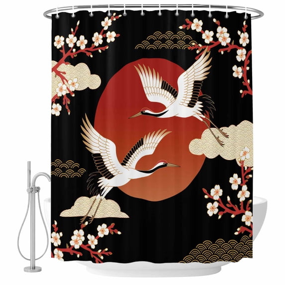 Japanese Style Shower Curtain, Waterproof Shower Curtains for Bathroom, Modern Cranes Cherry Flower Wave Red Brown Washable Fabric Bathtub Curtain Set Bath Decor with 12 Hooks Long 72"x84"