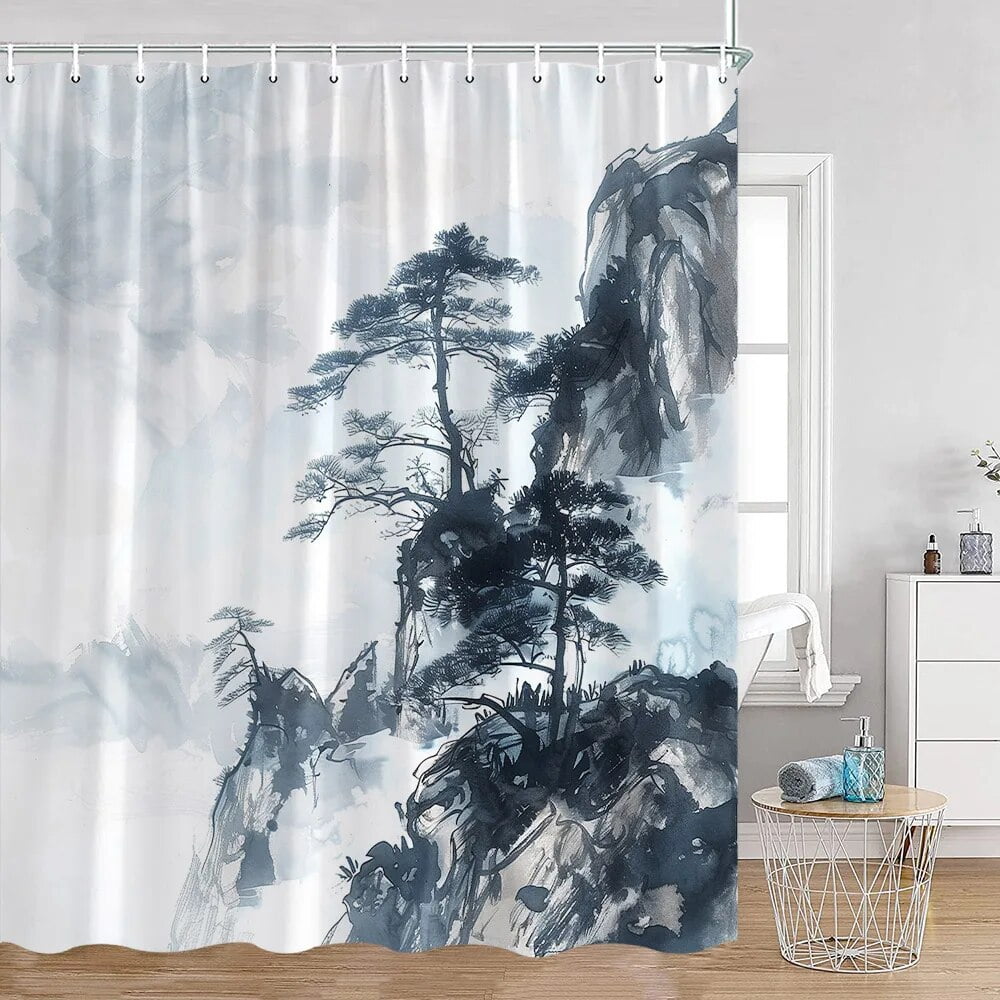 Japanese Style Shower Curtains Cherry Blossom Floral Ink Mountain Water