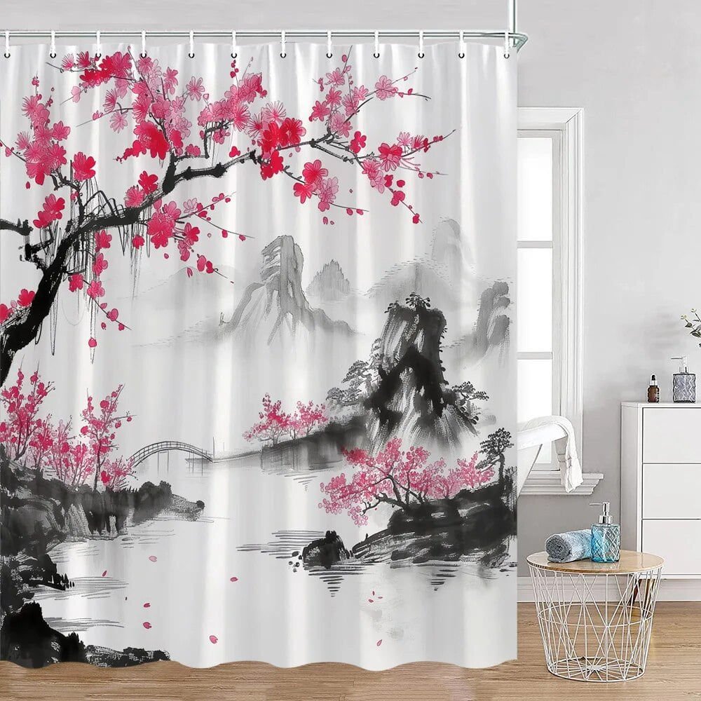 Japanese Style Shower Curtains Cherry Blossom Floral Ink Mountain Water