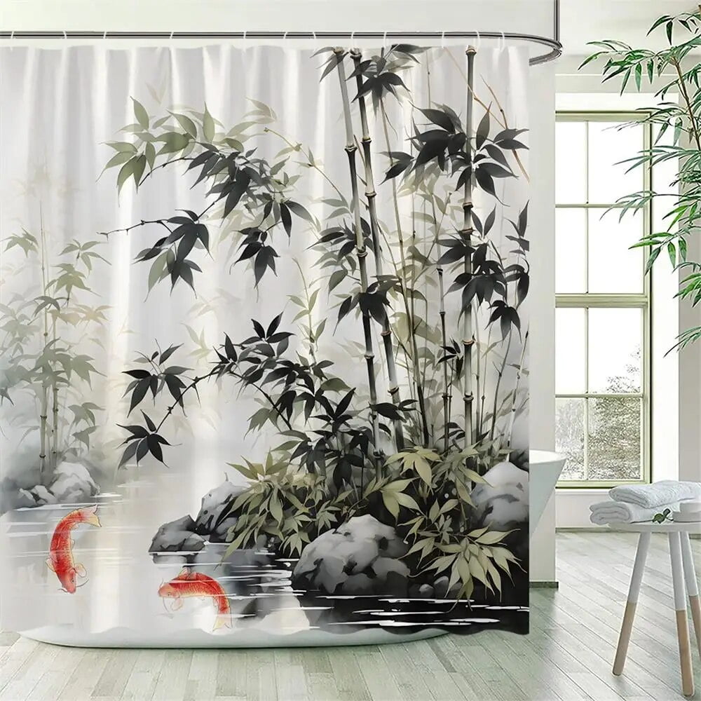 Japanese Style Shower Curtains Green Bamboo Koi Carp Tropical Cactus