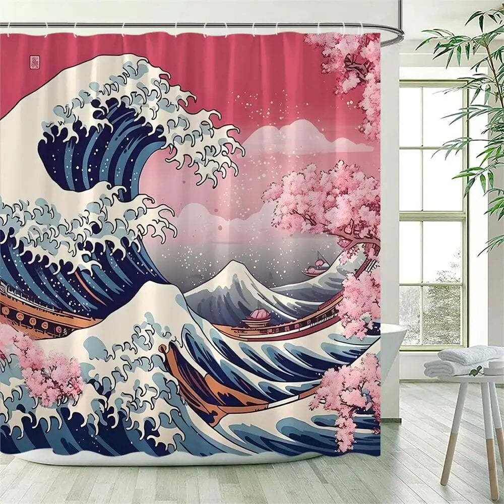 Japanese Style Shower Curtains Green Bamboo Koi Carp Tropical Cactus