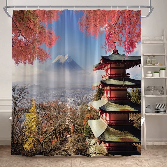Japanese Style Shower Curtains Pink Cherry Blossom Floral Sea Waves Mount Fuji Scenery Modern Polyester Bathroom Curtain r