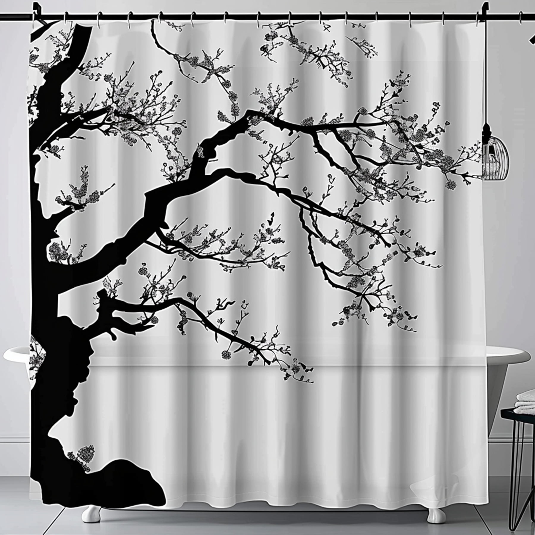 Japanese Style Square Tree Branch Shower CurtainWhite and Black Bathroom DecorUnique Silhouette