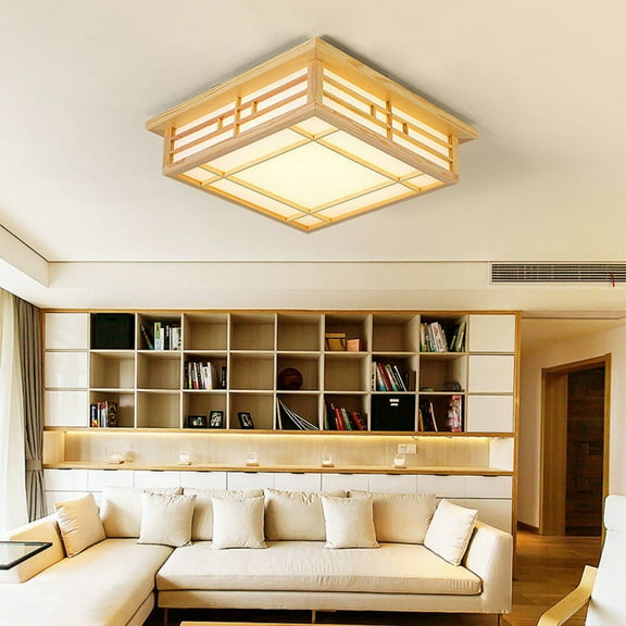 Japanese Style Square Wood Ceiling Light Fixture with LED Lamps, 110V Remote Control Dimmer Light Perfect (35x35cm)