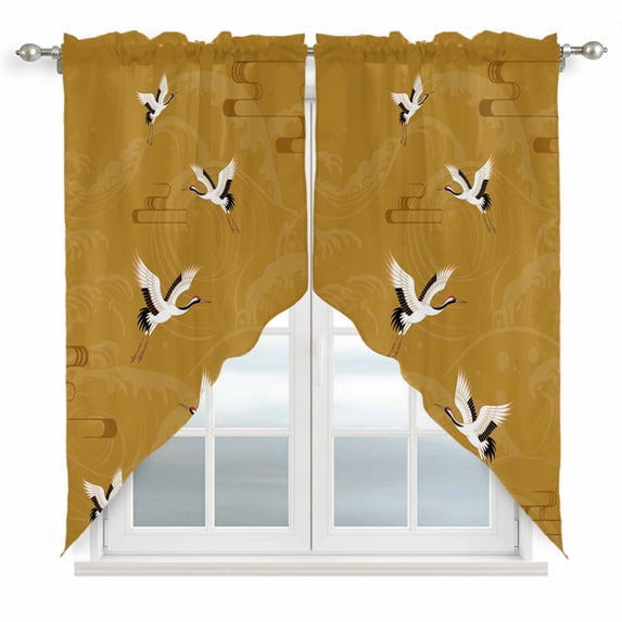 Japanese Style Swag Curtains for Kitchen/Bedroom/Living Room, Vintage Art Cranes Ocean Wave Yellow Scalloped Curtains 63 Inch Long, Window Swag Topper Curtains Valances 2 Panels Set 36"x63"