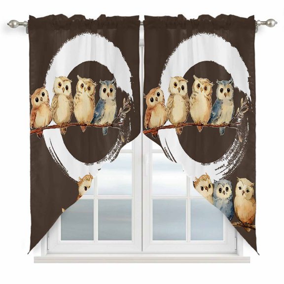 Japanese Style Swag Curtains for Living Room/Bedroom, Dark Brown Rustic Owl Birds Tree Branches Swag Kitchen Curtain Valances for Windows, Tier Topper Scalloped Curtain 2 Panels, 72"W x 36"L