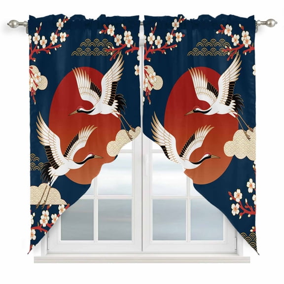 Japanese Style Swag Valances for Windows, Kitchen Curtains 36 Inch Length 2 Panels Set, Modern Cranes Cherry Flower Wave Navy Blue Short Curtains for Small Windows Rod Pocket Cafe Curtains 28"x36"