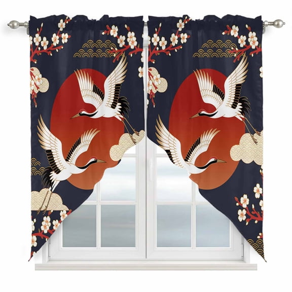 Japanese Style Swag Valances for Windows, Kitchen Curtains 36 Inch Length 2 Panels Set, Modern Cranes Cherry Flower Wave Red Blue Short Curtains for Small Windows Rod Pocket Cafe Curtains 28"x36"