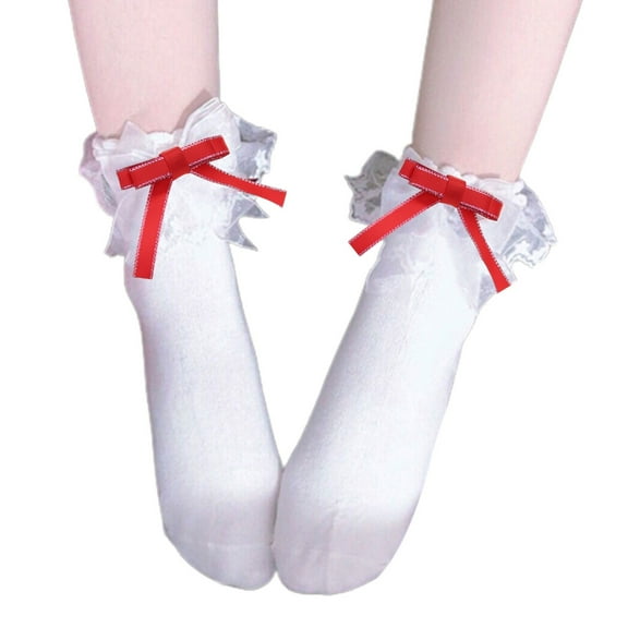 Japanese Style Sweet Frilly Ankle Socks for Womens Girls Ruffle Lace Trim Cute Ribbon Bowknot Middle Tube Cotton Socks