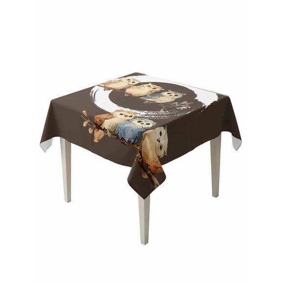 Japanese Style Table Cloth, Waterproof Tablecloth for Square Tables, Dark Brown Rustic Owl Birds Tree Branches Reusable Washable Fabric Table Cover for Restaurant Kitchen Dining Tables 54"x54"