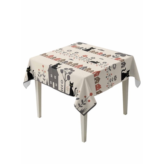 Japanese Style Table Cloth, Waterproof Tablecloth for Square Tables, Vintage Cartoon Cat House Trees Flowers Reusable Washable Fabric Table Cover for Restaurant Kitchen Dining Tables 54"x54"