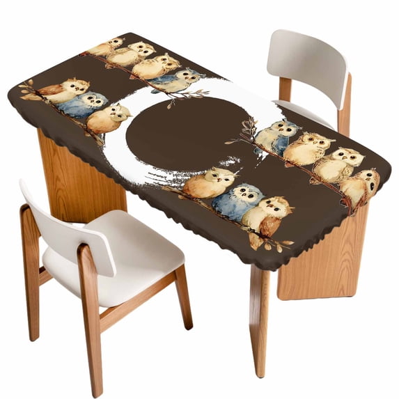 Japanese Style Table Cloths for 3 Foot Rectangle Tables, Dark Brown Rustic Owl Birds Tree Branches Patio Waterproof Elastic Fitted Tablecloths, Washable Rectangular Table Cover for Camping