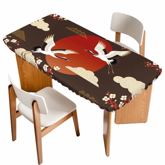 Japanese Style Table Cloths for 3 Foot Rectangle Tables, Modern Cranes Cherry Flower Wave Brown Patio Waterproof Elastic Fitted Tablecloths, Washable Rectangular Table Cover for Camping