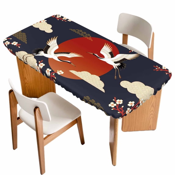 Japanese Style Table Cloths for 3 Foot Rectangle Tables, Modern Cranes Cherry Flower Wave Red Blue Patio Waterproof Elastic Fitted Tablecloths, Washable Rectangular Table Cover for Camping