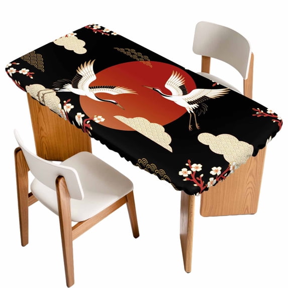 Japanese Style Table Cloths for 5 Foot Rectangle Tables, Modern Cranes Cherry Flower Wave Red Brown Patio Waterproof Elastic Fitted Tablecloths, Washable Rectangular Table Cover for Camping