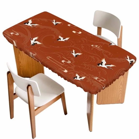 Japanese Style Table Cloths for 6 Foot Rectangle Tables, Vintage Art Cranes Ocean Wave Red Patio Waterproof Elastic Fitted Tablecloths, Washable Rectangular Table Cover for Camping