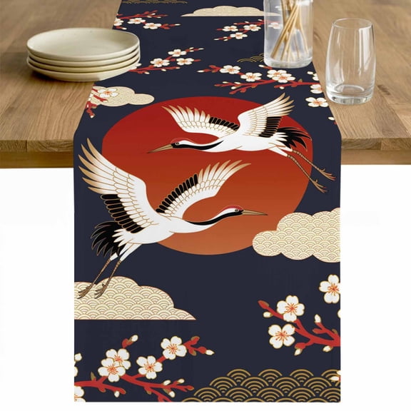 Japanese Style Table Runner - 36 Inch Long Modern Cranes Cherry Flower Wave Red Blue Cotton and Linen Blended Dress Scarves Farmhouse Table Runner for Kitchen Dining, Coffee Table, 13" x 36"