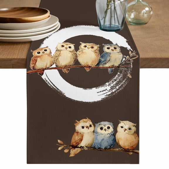 Japanese Style Table Runner 48 Inches, Dark Brown Rustic Owl Birds Tree Branches Bed Runner Dresser Scarves Tabletop for Indoor Outdoor Parties/Ceremony/Banquet, 13" x 48"