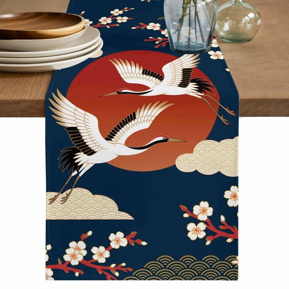 Japanese Style Table Runner 70 Inches, Modern Cranes Cherry Flower Wave Navy Blue Bed Runner Dresser Scarves Tabletop for Indoor Outdoor Parties/Ceremony/Banquet, 13" x 70"