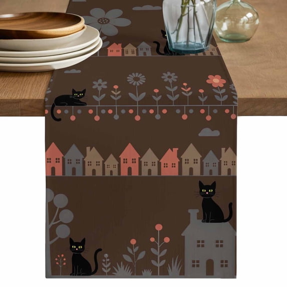 Japanese Style Table Runner 72 Inches, Farmhouse Brown Cat House Trees Flowers Bed Runner Dresser Scarves Tabletop for Indoor Outdoor Parties/Ceremony/Banquet, 13" x 72"