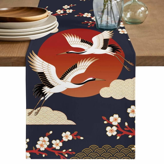 Japanese Style Table Runner 72 Inches, Modern Cranes Cherry Flower Wave Red Blue Bed Runner Dresser Scarves Tabletop for Indoor Outdoor Parties/Ceremony/Banquet, 16" x 72"