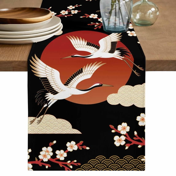 Japanese Style Table Runner 72 Inches, Modern Cranes Cherry Flower Wave Red Brown Bed Runner Dresser Scarves Tabletop for Indoor Outdoor Parties/Ceremony/Banquet, 16" x 72"