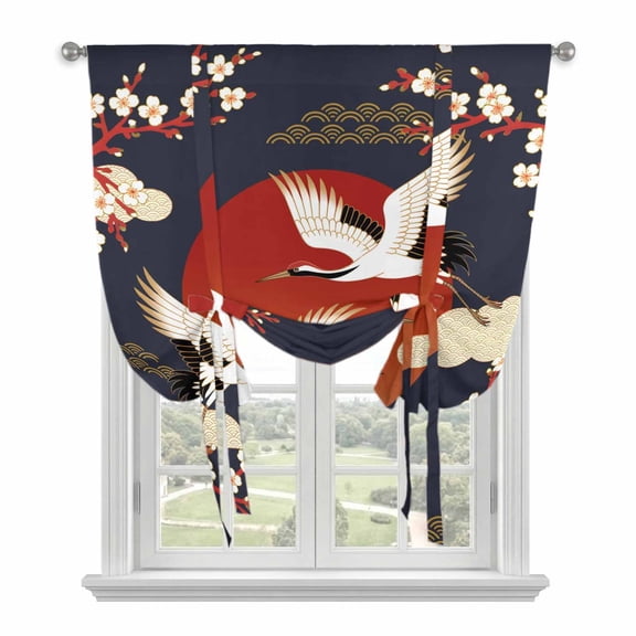 Japanese Style Tie Up Curtains 45 Inches Long, Kitchen Window Curtains Over Sink, Modern Cranes Cherry Flower Wave Red Blue Small Window Curtains Shade Balloon Curtains Valances for Bedroom 34"x45"