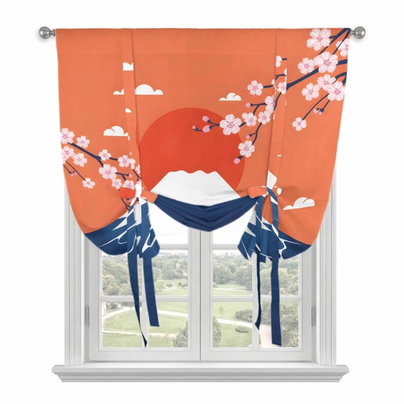 Japanese Style Tie Up Curtains for Window, Thermal Insulated Balloon Shade Adjustable Rod Pocket Curtains Valance Panels for Kitchen Bathroom Cafe 46 x 63 Blue Mountains Orange Red Sun Cherry Floral