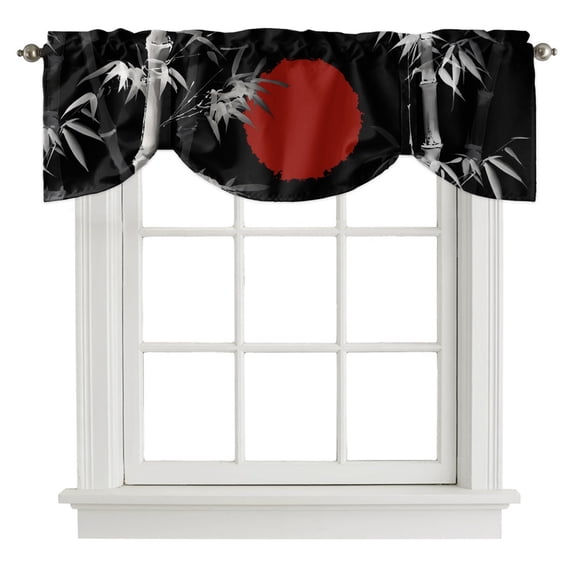 Japanese Style Tie Up Valance Curtains Plant Leaf Ink Painting Sun Black Adjustable Light Filtering Tie Up Valance Small Window Shade for Kitchen Bedroom Cafe 42" W x 12" L
