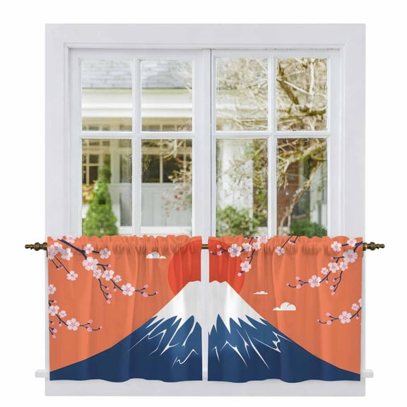 Japanese Style Tier Curtains 24 Inch Length, Blue Mountains Orange Red Sun Cherry Floral Cafe Short Curtains for Bathroom Over Sink, Small Kitchen Curtain Light Filtering Drapes 2 Panels 27.5"Wx24"L