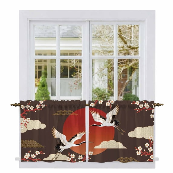 Japanese Style Tier Curtains 24 Inch Length, Modern Cranes Cherry Flower Wave Brown Cafe Short Curtains for Bathroom Over Sink, Small Kitchen Curtain Light Filtering Drapes 2 Panels 27.5"Wx24"L
