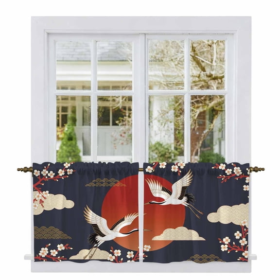 Japanese Style Tier Curtains 24 Inch Length, Modern Cranes Cherry Flower Wave Red Blue Cafe Short Curtains for Bathroom Over Sink, Small Kitchen Curtain Light Filtering Drapes 2 Panels 27.5"Wx24"L