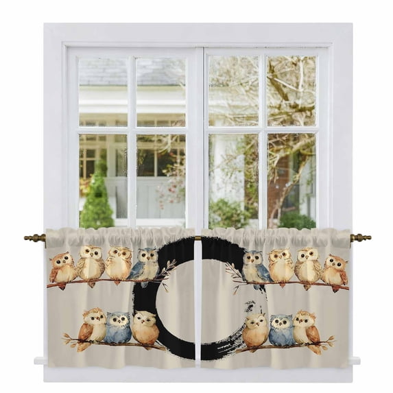 Japanese Style Tier Curtains 36 Inch Length, Grey Farmhouse Owl Birds Branches Cafe Short Curtains for Bathroom Over Sink, Small Kitchen Curtain Light Filtering Tiered Drapes 2 Panels 27.5"Wx36"L