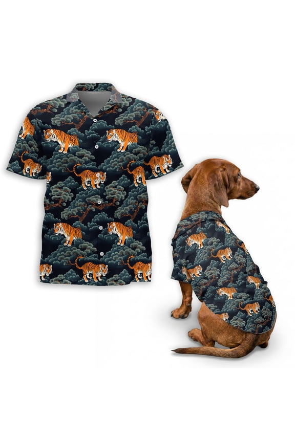 Japanese Style Tiger Pattern Hawaiian Shirt, Oriental Cloud Print Button Down Shirt for Adults or Dogs, Cuban Collar, Short Sleeve Polyester Summer Shirt