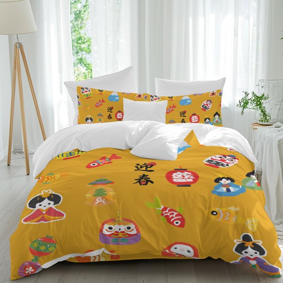 Japanese Style Twin Duvet Cover Set, Spring Tumbler Doll Fish Yellow 4 Piece Microfiber Bedding Set with Zipper Closure, Bed Sheet and 2 Pillow Shams, Soft Bedding Cover